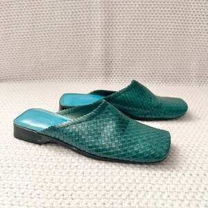 Nicole Leather Vintage Y2K Square Toe Teal Woven Leather Open Back Mules 7